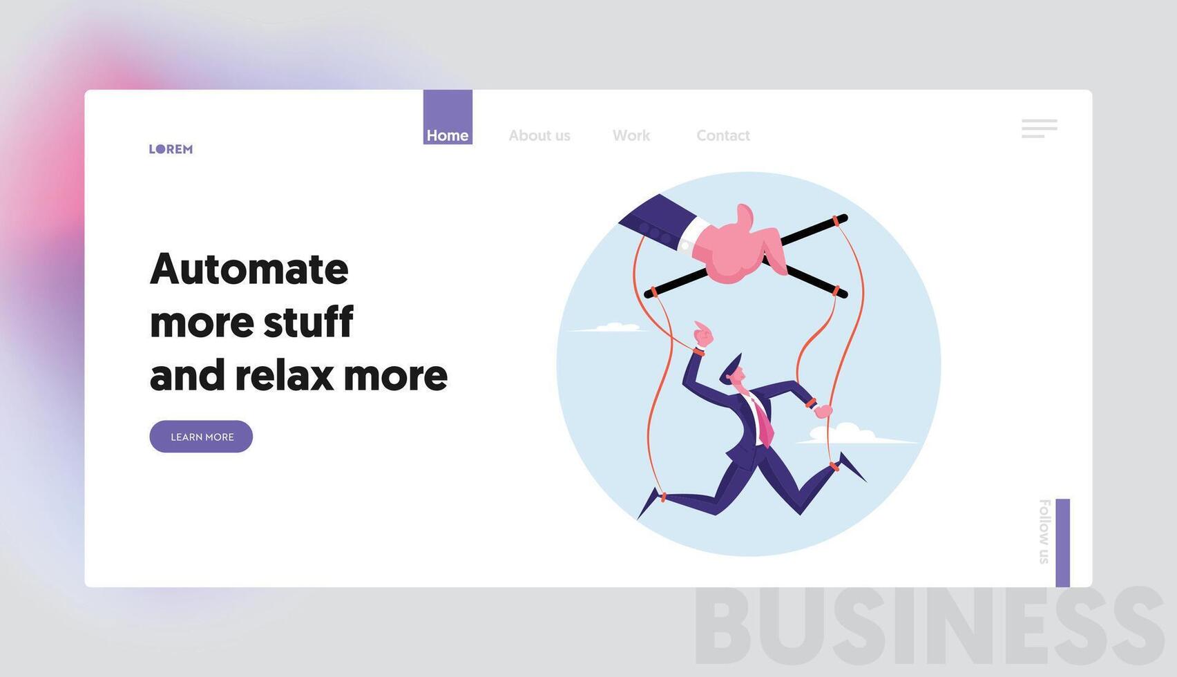 Total Control and Dependence Website Landing Page. Huge Puppeteer Hand Manipulating with Puppet Business with Ropes Controlled by Powerful Leader Web Page Banner. Cartoon Flat Illustration vector