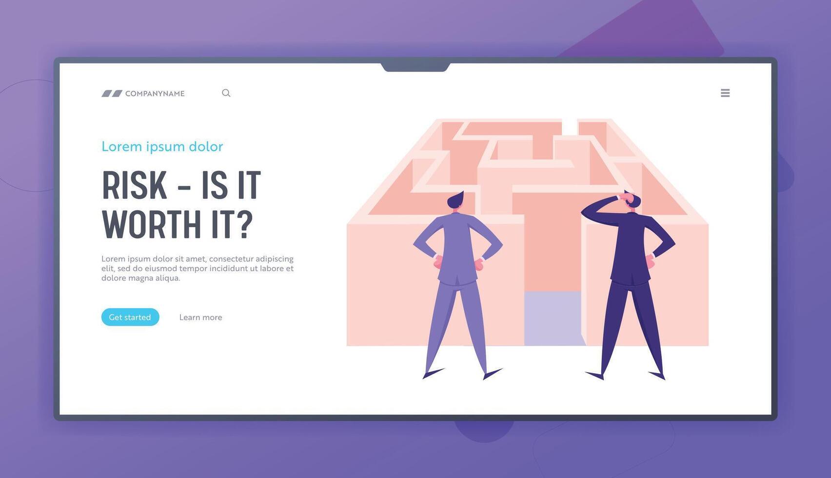 Finding Solution, Challenge and Problem Solving Website Landing Page. Confused Businessmen Stuck at Maze Entrance Thinking how to Pass Difficult Way Web Page Banner. Cartoon Flat Illustration vector