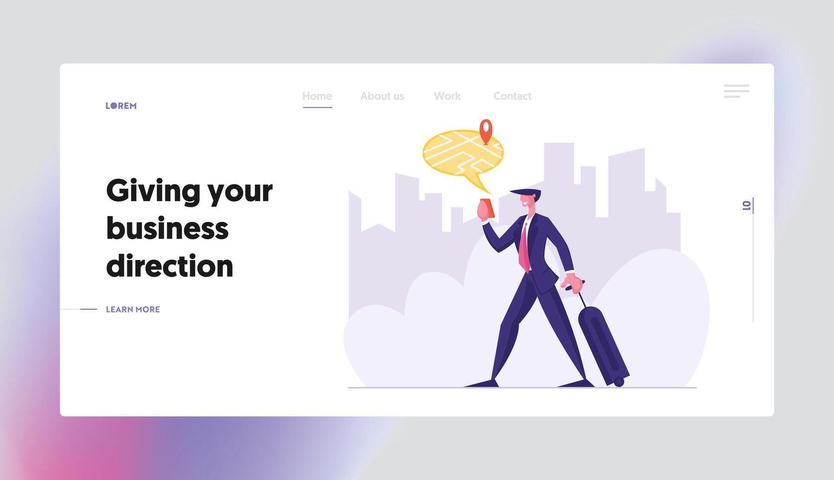 Mobile Gps Navigation Cellphone Application Website Landing Page. Businessman with Baggage Finding Right Place on Device Map for Travel or Tourism Web Page Banner. Cartoon Flat Illustration vector