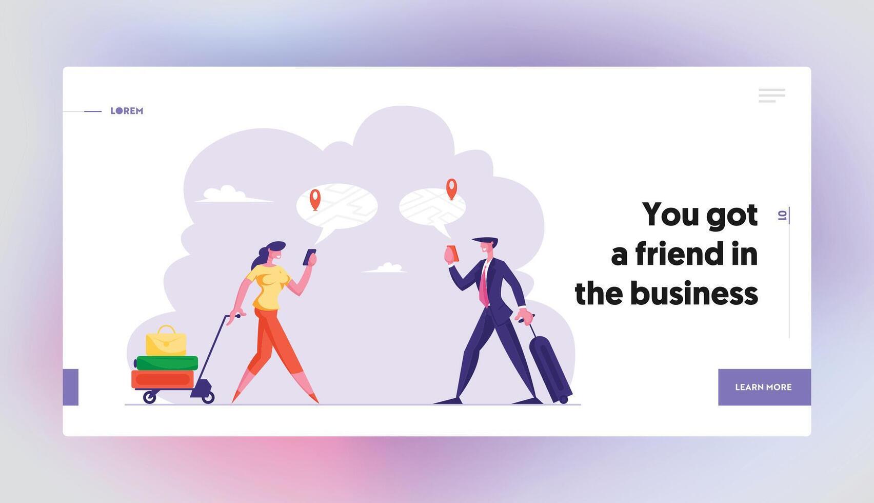 Navigation with Mobile App Website Landing Page. Man and Woman with Luggage Using Online Map and Gps Application on Smart Phone Searching Correct Way Web Page Banner. Cartoon Flat Illustration vector