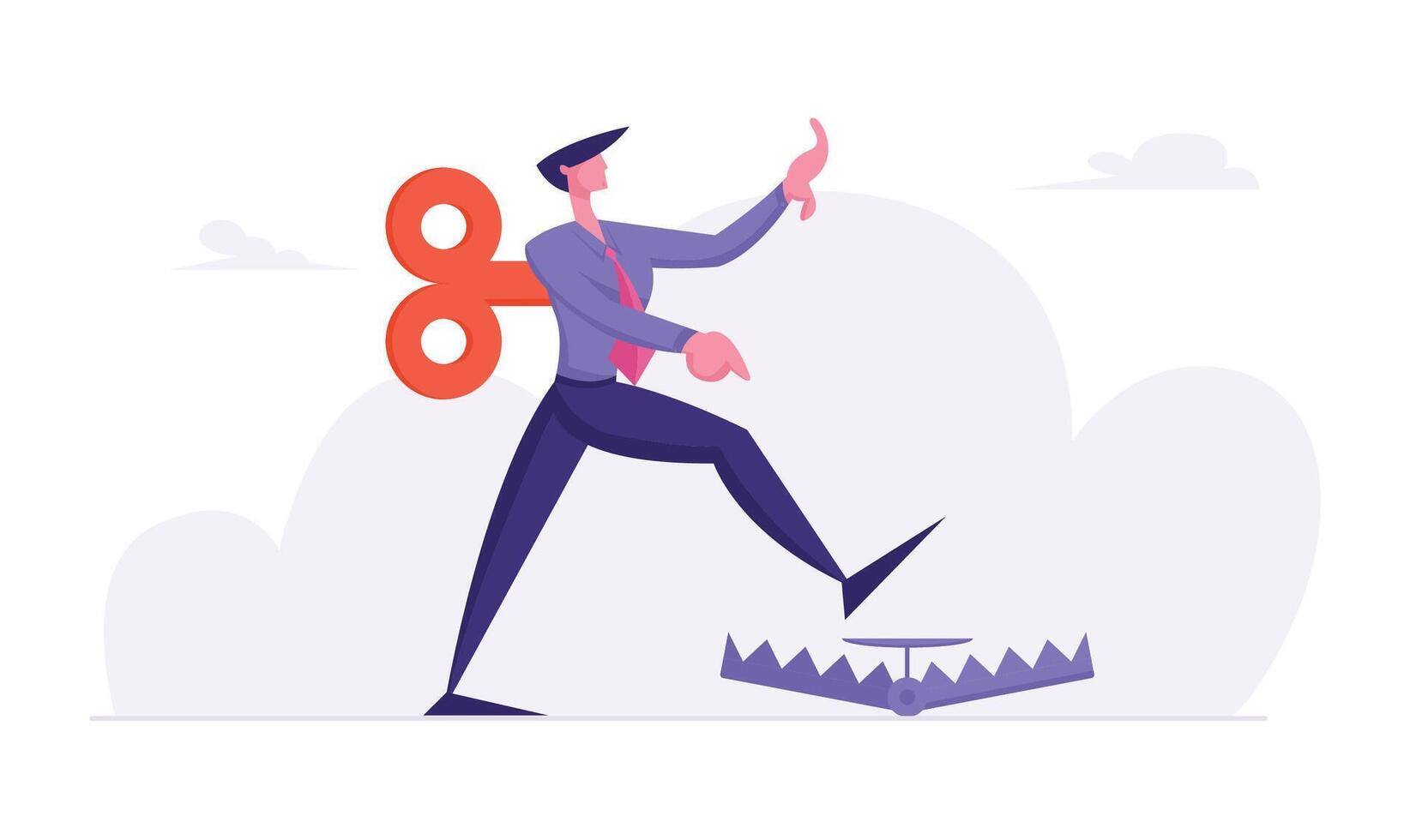 Businessman in Formal Suit with Clockwork Key Mechanism on Back Step into Trap on Ground. Manipulated Business Man Character Problem Ignorance, Searching Solution. Cartoon Flat Illustration vector