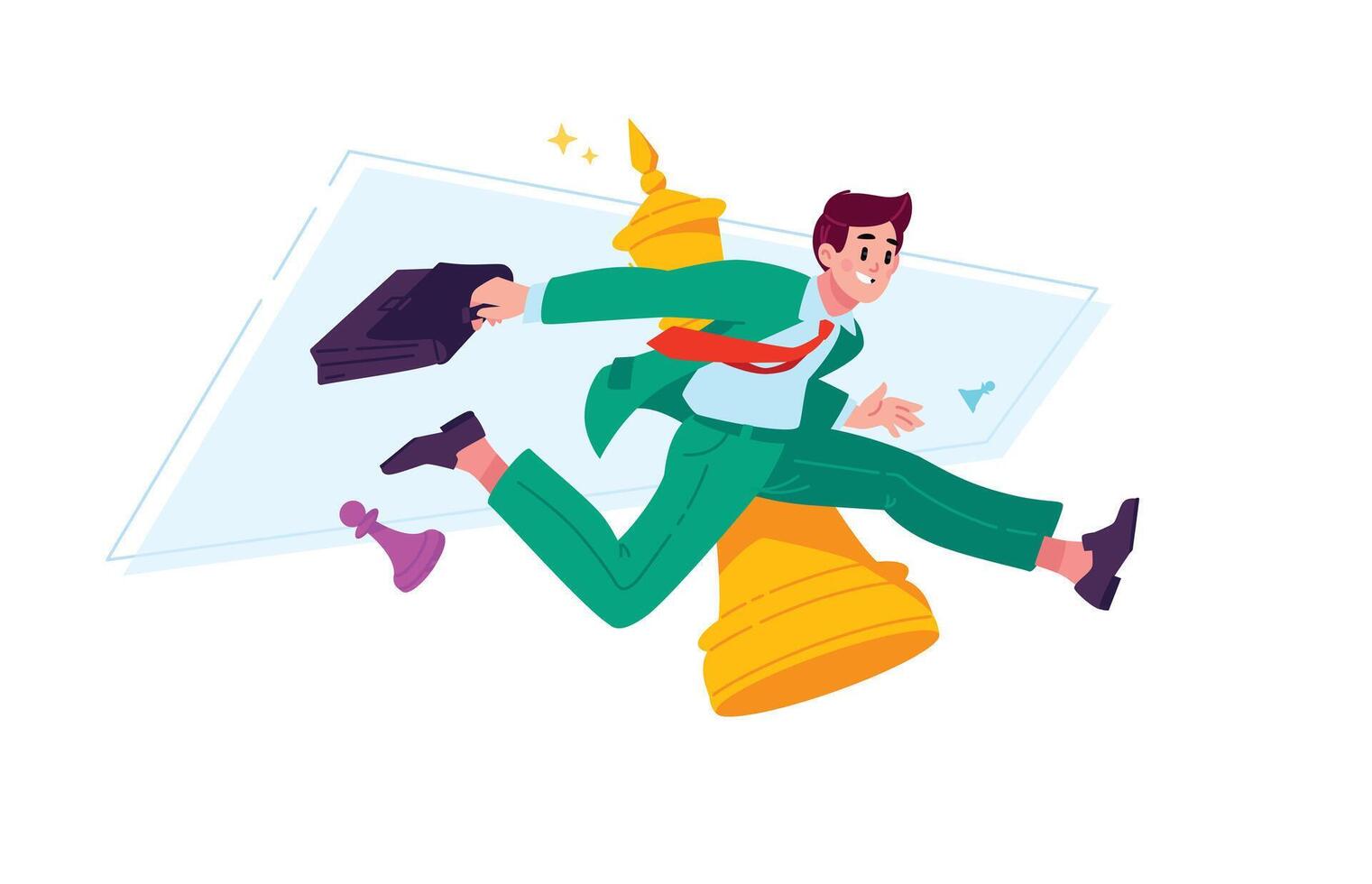 A man in a suit with a briefcase runs towards the target. Launching projects. Speed and mobility. The image of an office worker running to work. vector