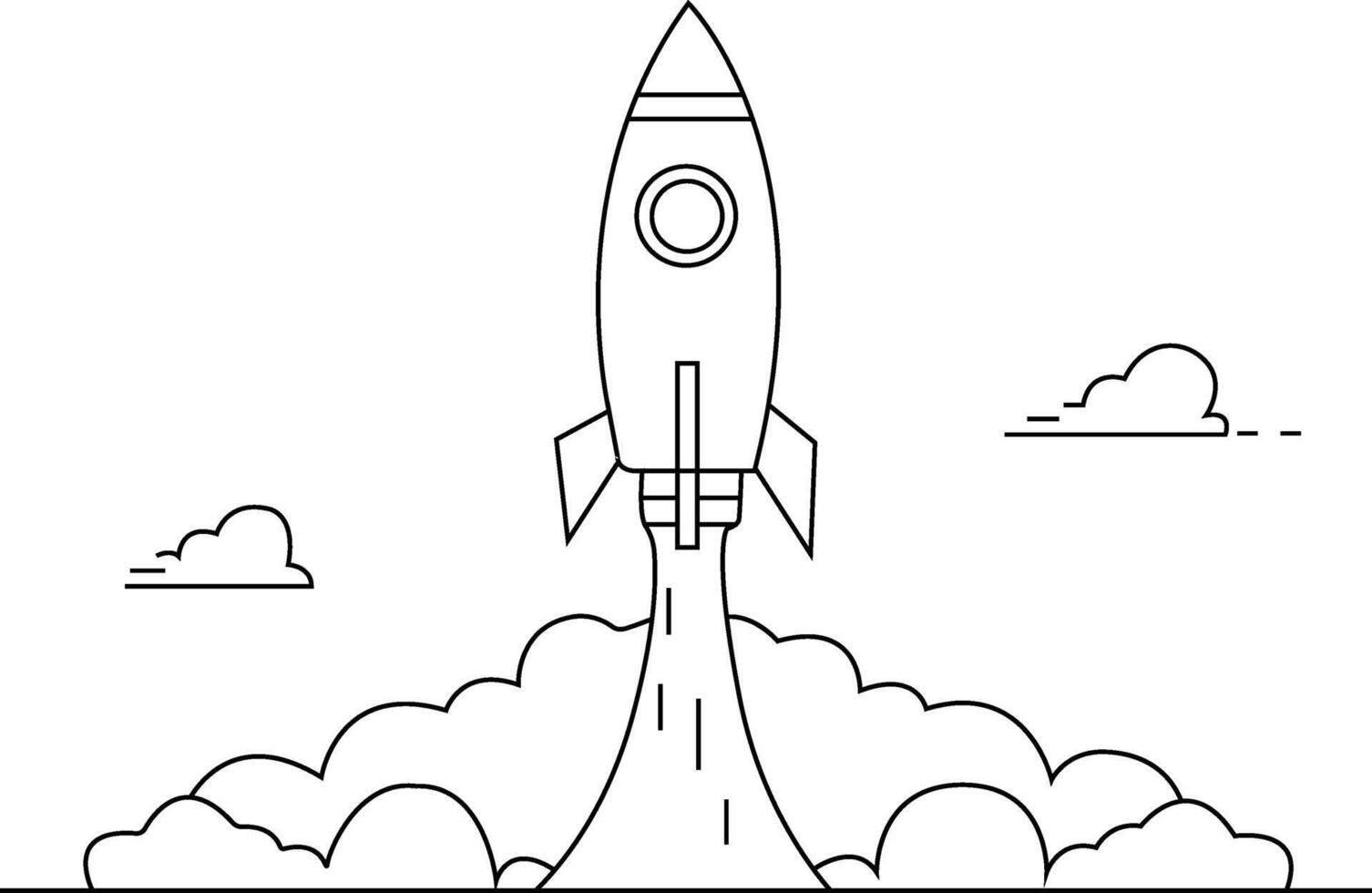 Minimalist rocket ship launching into the sky with clouds symbolizing ambition and progres vector