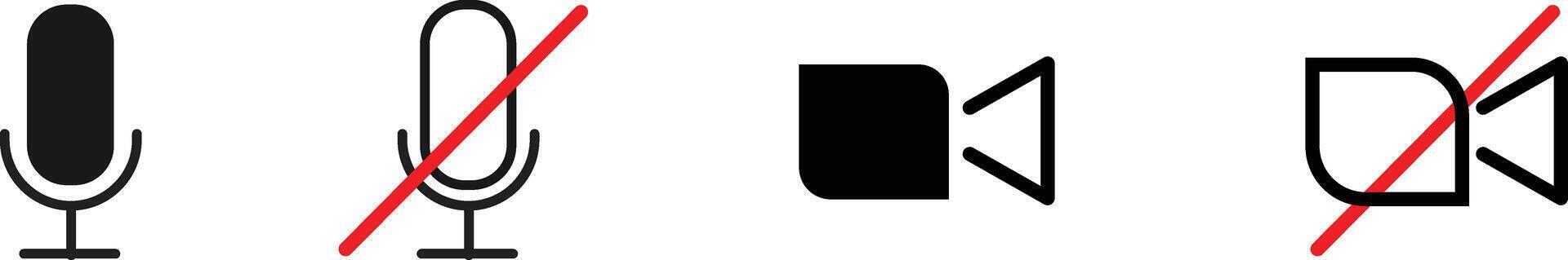 The image shows icons for microphone on and off, and camera on and off. vector