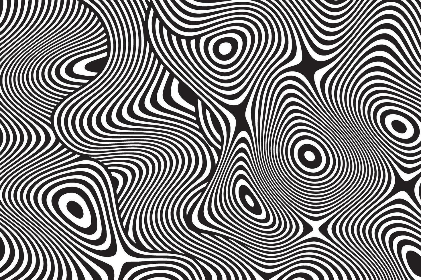 Abstract black and white wavy lines and circles creating a psychedelic optical illusion pattern vector