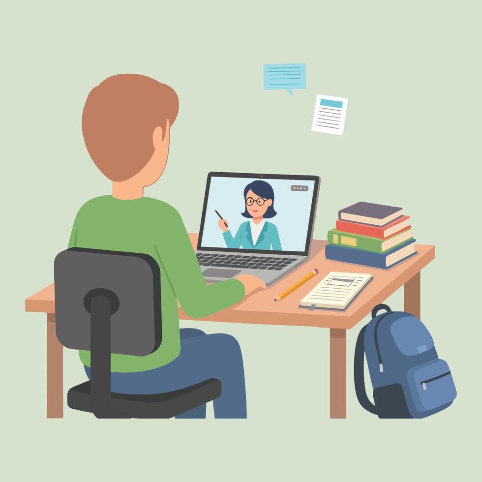 estudiante asistiendo un en línea clase utilizando un ordenador portátil en un de madera escritorio vector