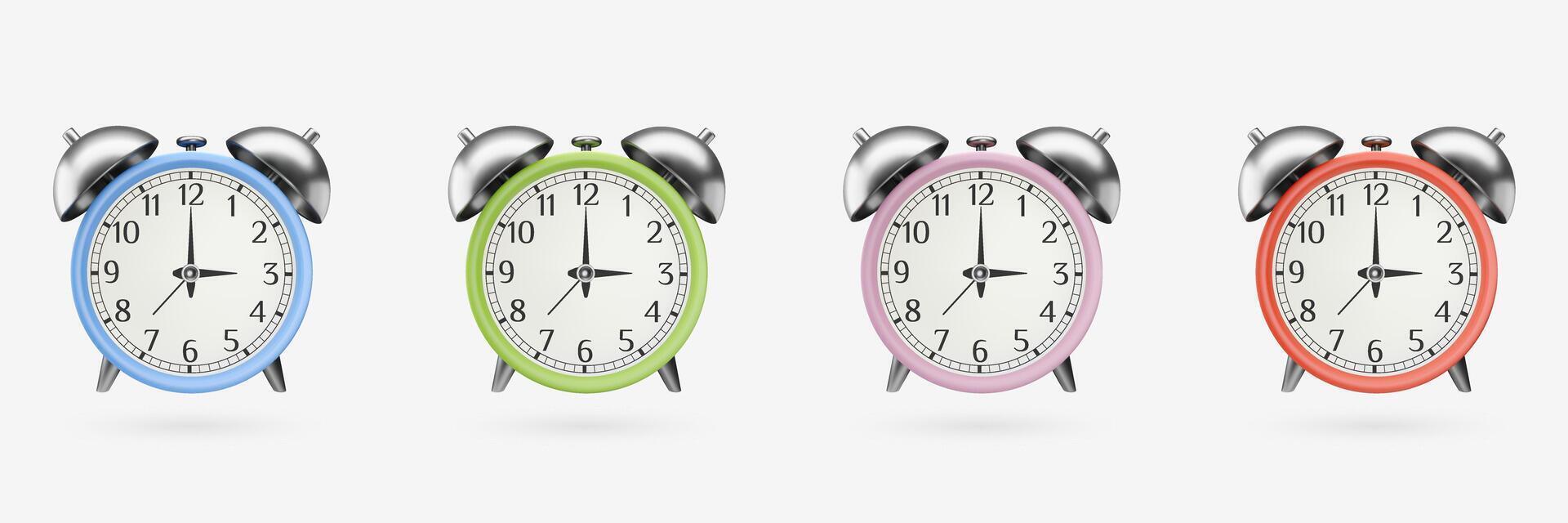 3D retro alarm clock with metallic bell. Realistic icon set. Isolated design elements vector