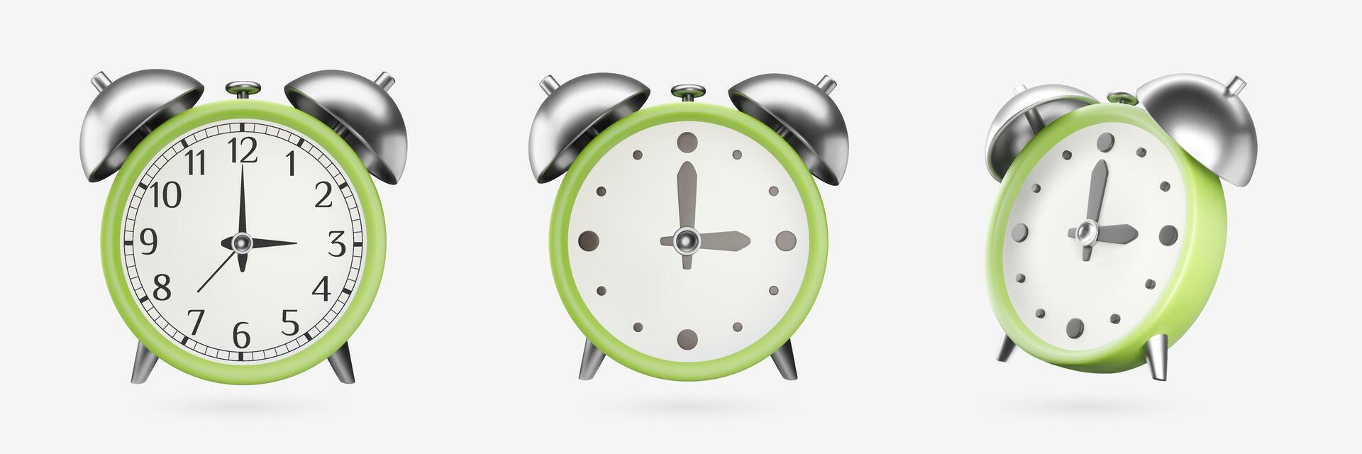 3D green alarm clock set. Realistic icons of retro timer with different clock faces. Design isolated on grey background for Time-management, Daylight savings time, business vector