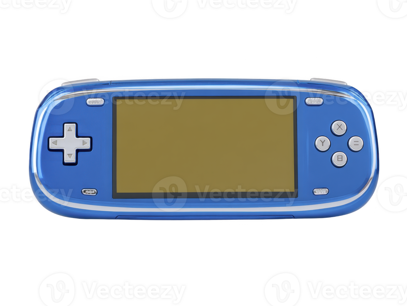 Blue handheld game console with blank screen, isolated on transparency background, retro portable gaming device, nostalgic and playful, buttons and controls visible, horizontal orientation png
