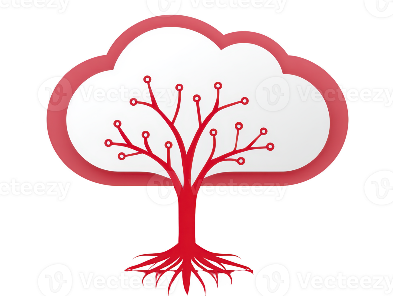 Cloud computing tree technology concept, red digital tree with circuit branches and roots, symbolizing data network, innovation, and connectivity in modern cloud environment png