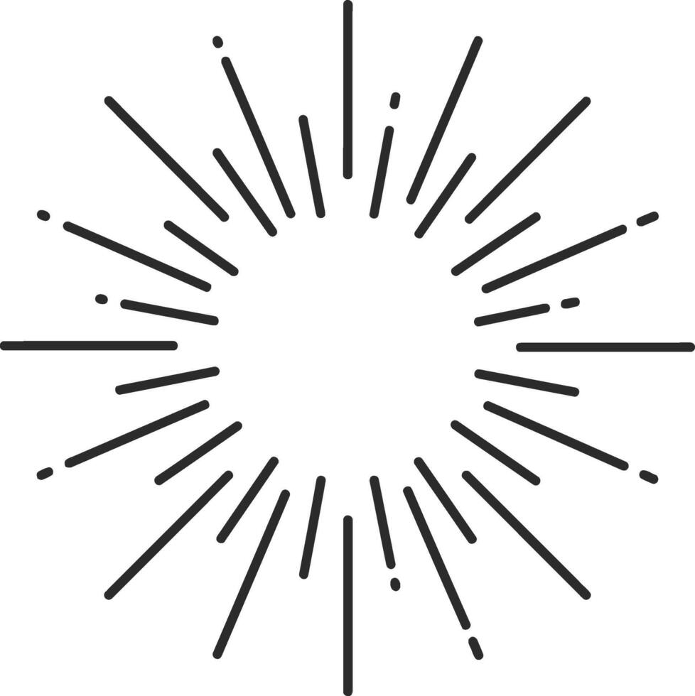 Minimalist line art illustration of a sunburst design element, a geometric starburst with radiating lines and rays isolated on a white background vector