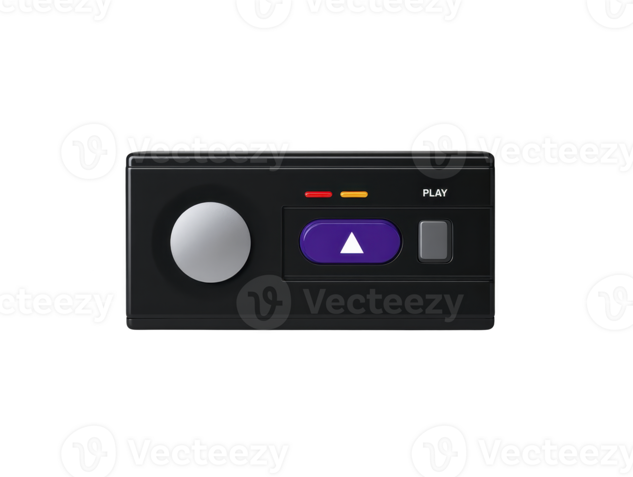 Black remote control, circular button, purple arrow button, red and yellow indicator lights, gray play button, minimal design, isolated on transparency background png