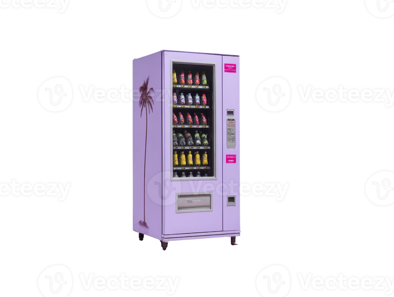 Purple vending machine with palm tree graphic, stocked with assorted colorful drinks, isolated transparency background, modern design, convenient for public spaces, cheerful and inviting png