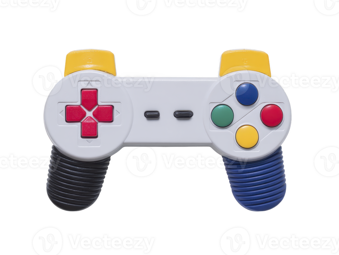 Retro game controller with colorful buttons, white plastic body, red directional pad, yellow shoulder buttons, and black textured grips, isolated on transparent background png