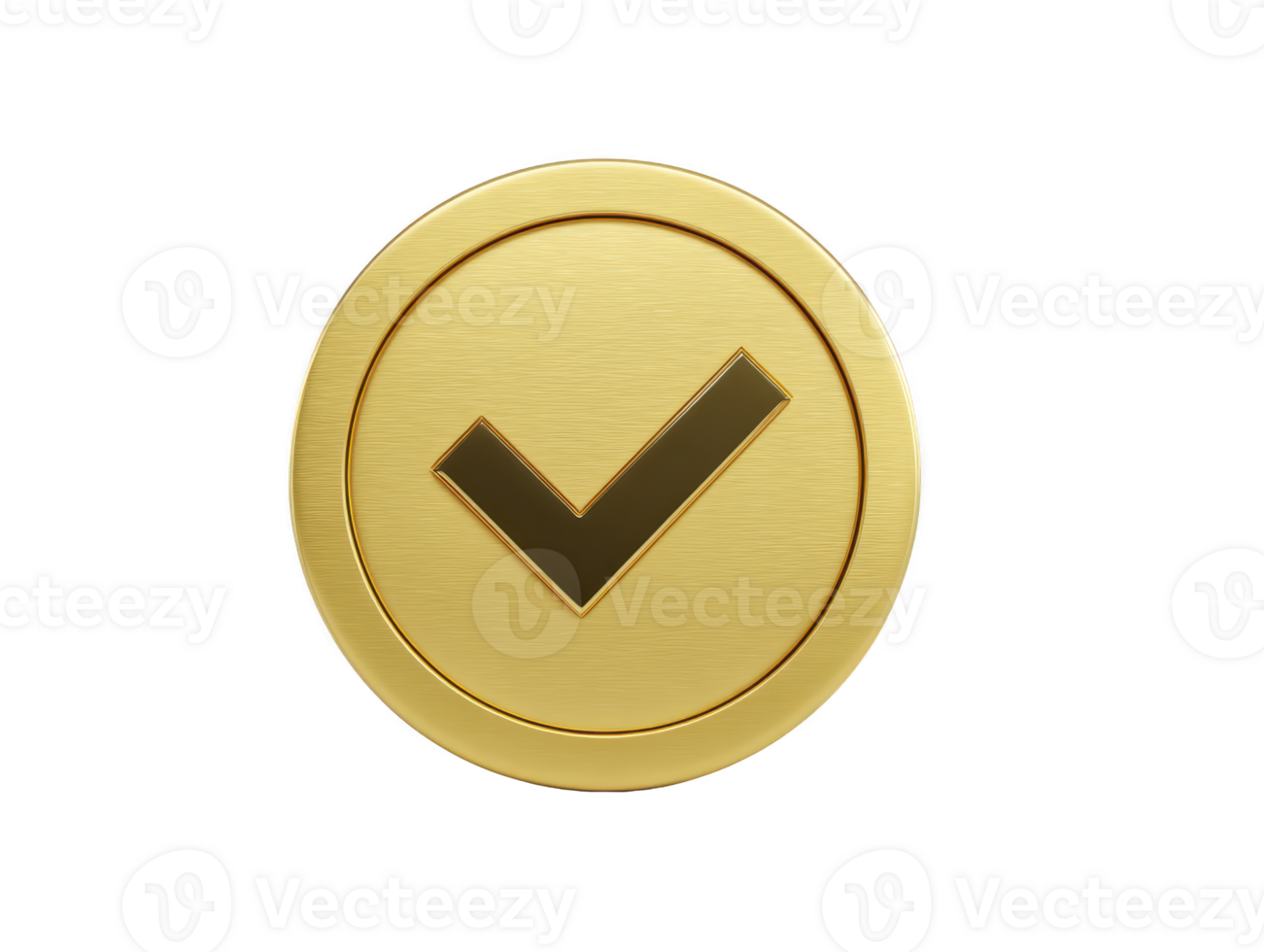 Gold check mark icon, metallic round badge with shiny surface, symbolizing approval, success, or verification, isolated on transparent background, modern and elegant design png