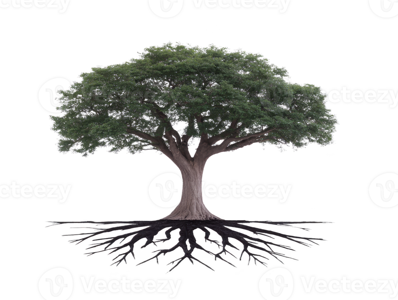 Tree with lush green foliage and visible roots, symbolizing growth, strength, and connection to nature, isolated on transparency background, evokes sense of stability and life png