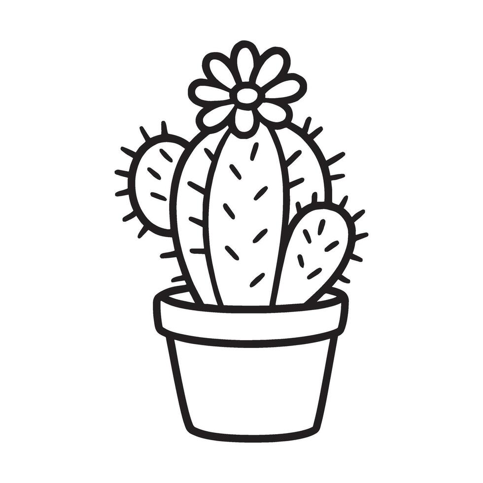 Cute potted cactus with a flower on top in a simple line drawing style with minimalist design elements. vector