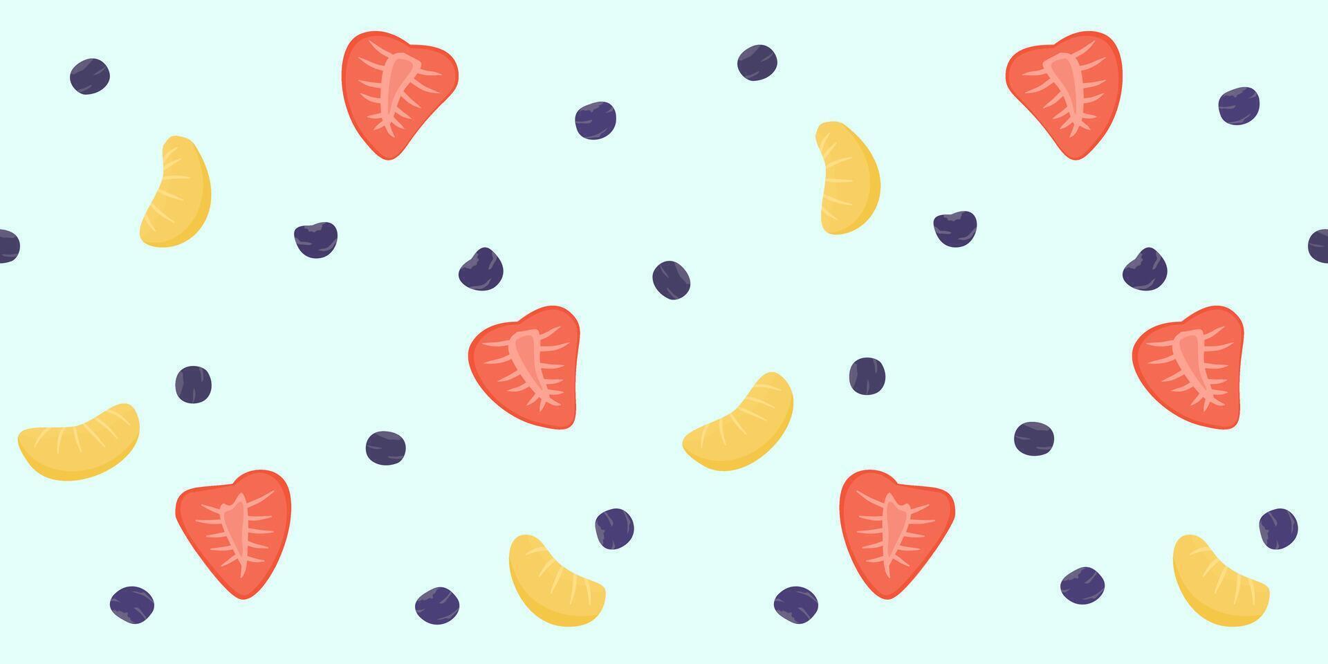 seamless fruit pattern with strawberries, blueberries, and orange slices scattered on a soft background. Fresh, playful, and perfect for textiles, packaging. vector