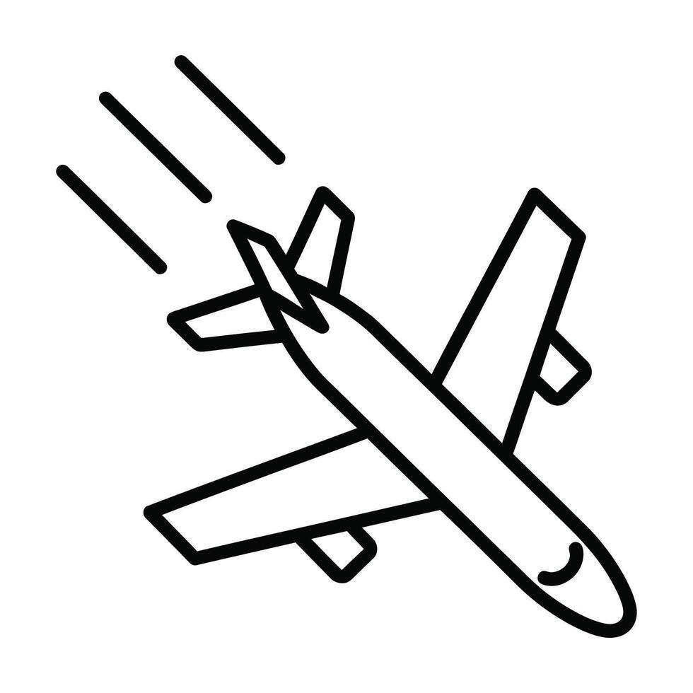 A simple black line art icon of an airplane in flight, depicting travel, transportation, and aviation concepts with a sense of motion and movement, suitable for modern infographics and vector