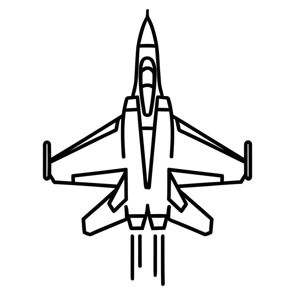Top-down view of a sleek black line art jet fighter plane in flight, symbolizing advanced aviation, military power, speed, and aerial combat readiness for defense and aerospace concepts vector