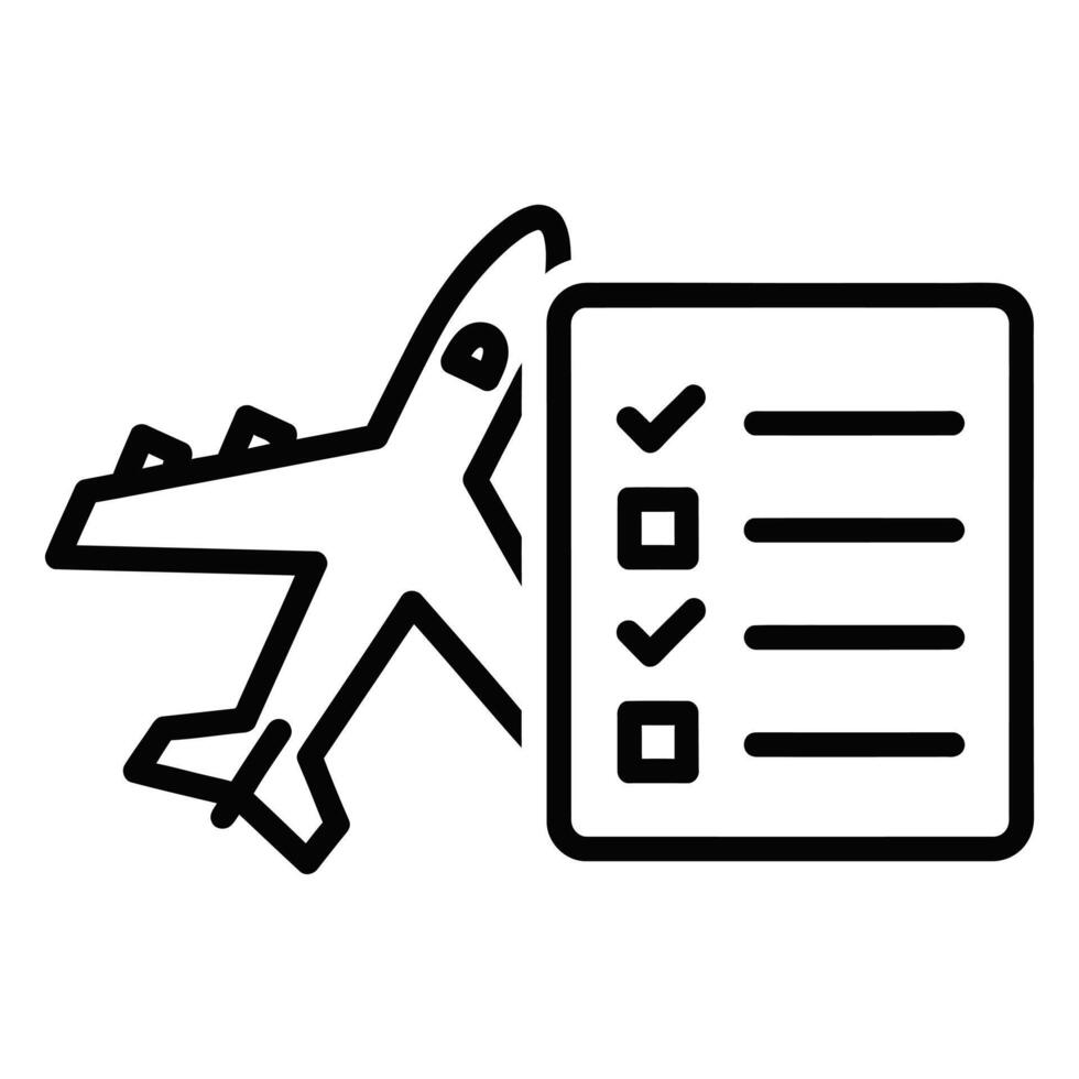 Airplane checklist with check marks, representing travel planning, flight preparation, itinerary organization, booking confirmations, and successful trip completion in a modern digital vector