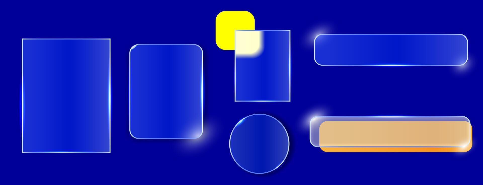 A set of design templates made of liquid glass on a blue background. Design elements for the app, phone, game menu, and website vector