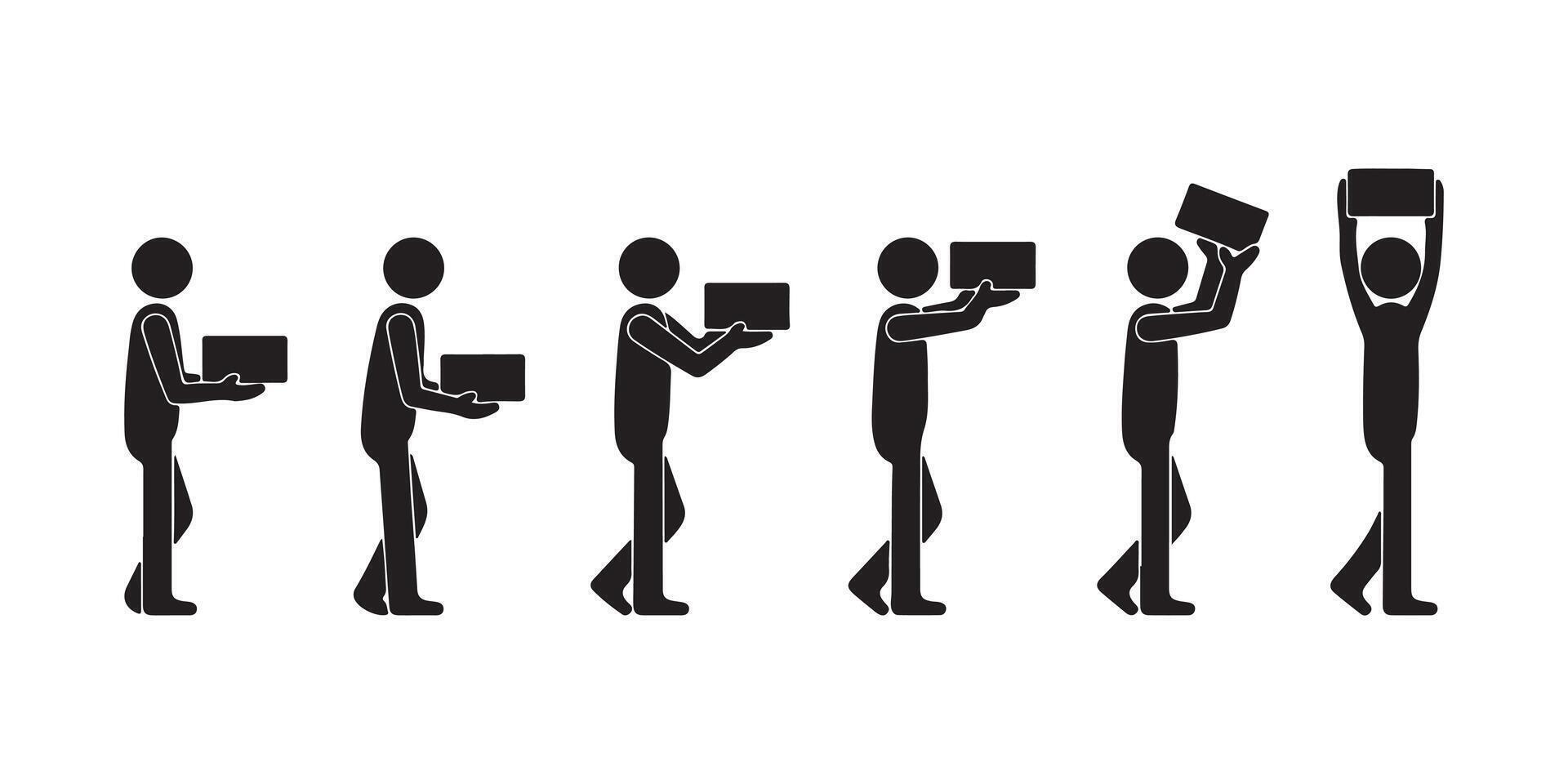 Stick Figure Sequence Showing a Person Lifting Box Above Their Head Style vector