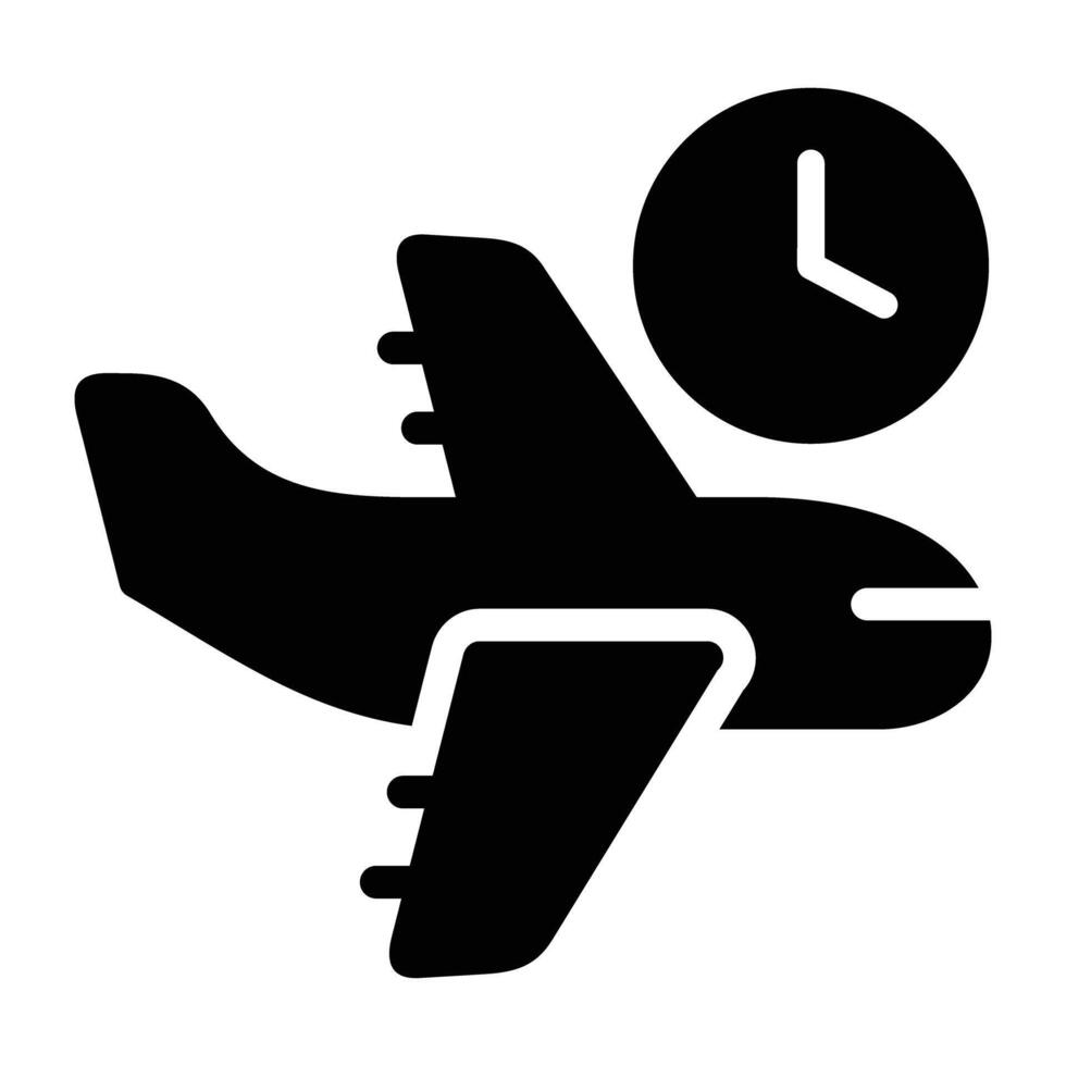 Scheduled Flight Time and Departure Clock Icon. Black Glyph Symbol for Airplane Timetable, Punctuality, Flight Delay, and Airport Departures, Ideal for Flight Tracker Apps and Travel Logistics vector