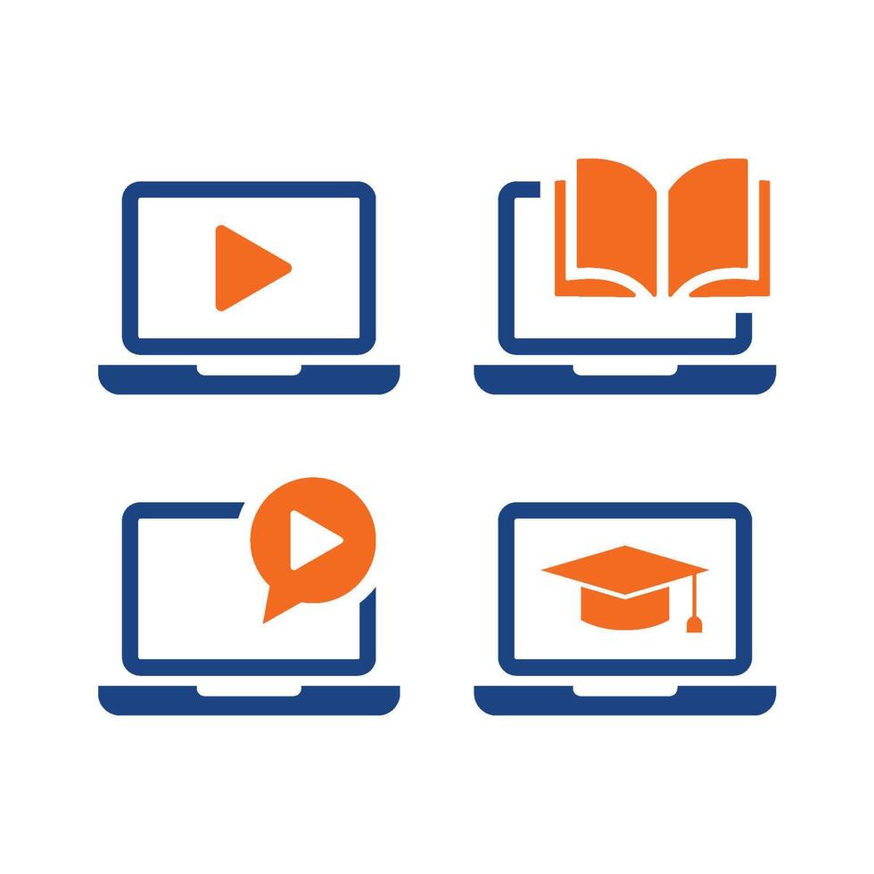 E learning laptop icons set with play button, book, and graduation cap vector