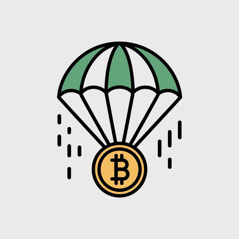 A Minimalist Illustration of a Bitcoin Cryptocurrency Coin Descending Under a Green and White Parachute Against a Light Gray Background Featuring a Simple Line Art Style with Small Dashed vector