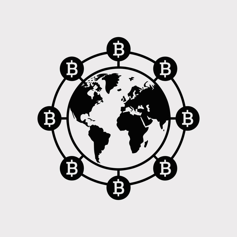 Black and White Minimalist Icon of a Globe Surrounded by Eight Bitcoin Symbols Connected by Lines Representing Global Cryptocurrency Network vector