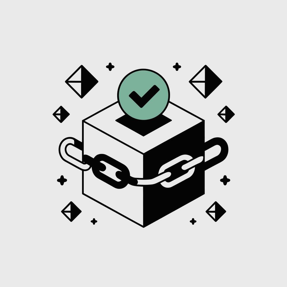 Isometric Illustration of a Black and White Cube Secured by a Chain Link with a Green Checkmark Icon on Top Surrounded by Small Geometric Shapes on a Light Gray Background vector