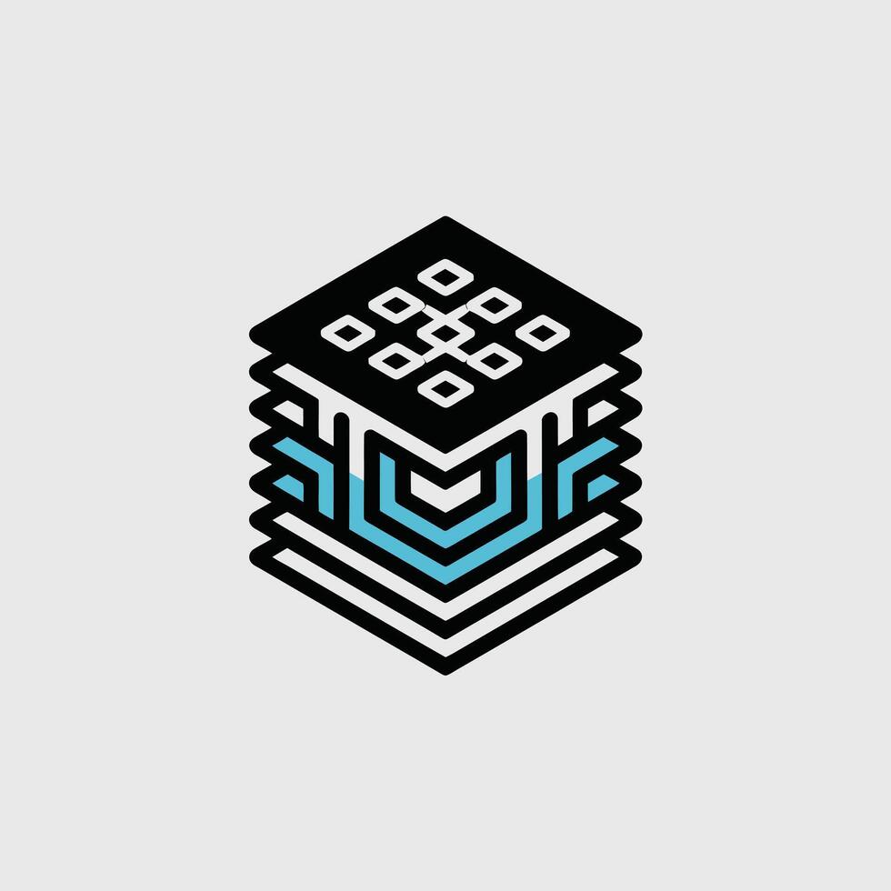 Abstract Isometric Blockchain Ledger Icon Black and Light Blue Layered Squares Circuit Board Design Technology Symbol Digital Currency Cryptographic Network Data Security Concept Minimalist vector