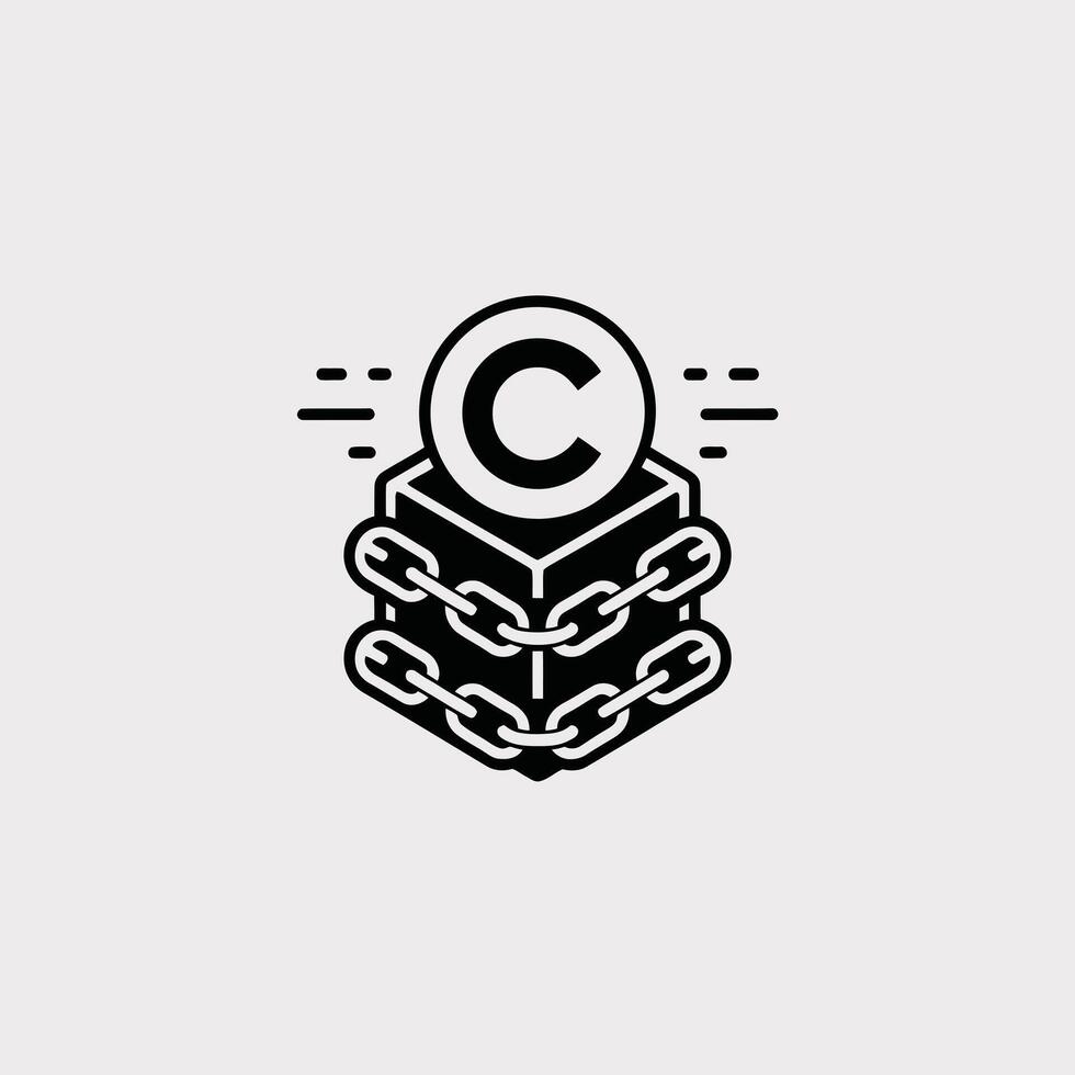 Black and white minimalist icon depicting a cube secured by chains a copyright symbol rests atop the cube suggesting data protection or intellectual property rights vector
