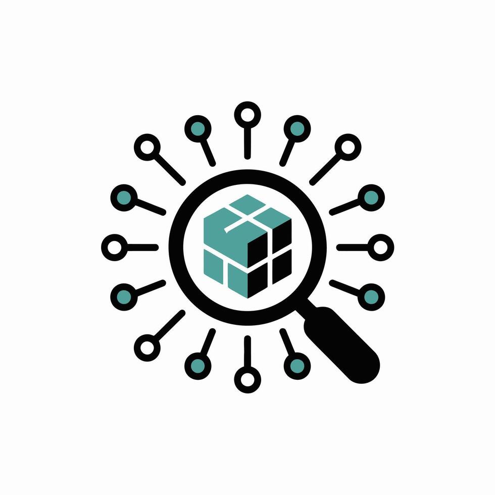 A teal and black three dimensional cube is centrally located within a black magnifying glass which is surrounded by a radiating pattern of alternating teal and white circles connected by vector