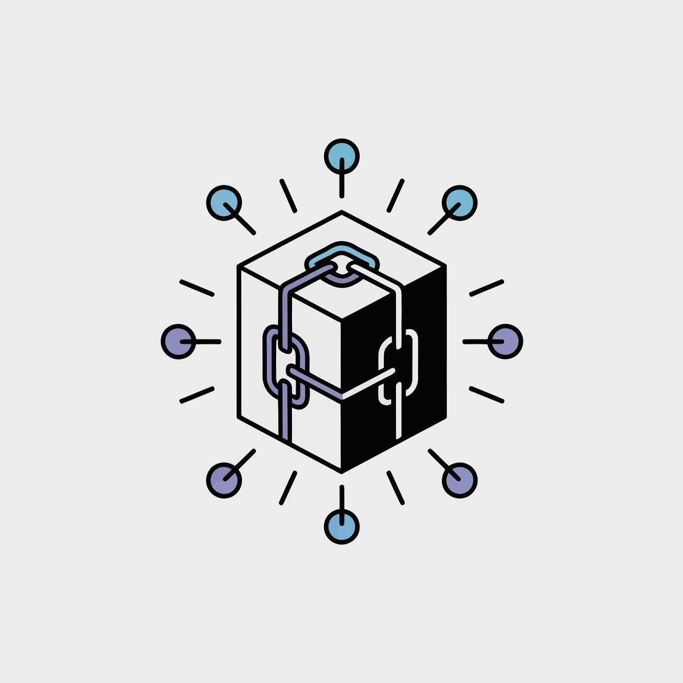 Abstract Minimalist Icon Illustration of a Black and White Cube Secured by Interlocking Chains Surrounded by Light Blue and Purple Circles and Rays on a Light Gray Background vector