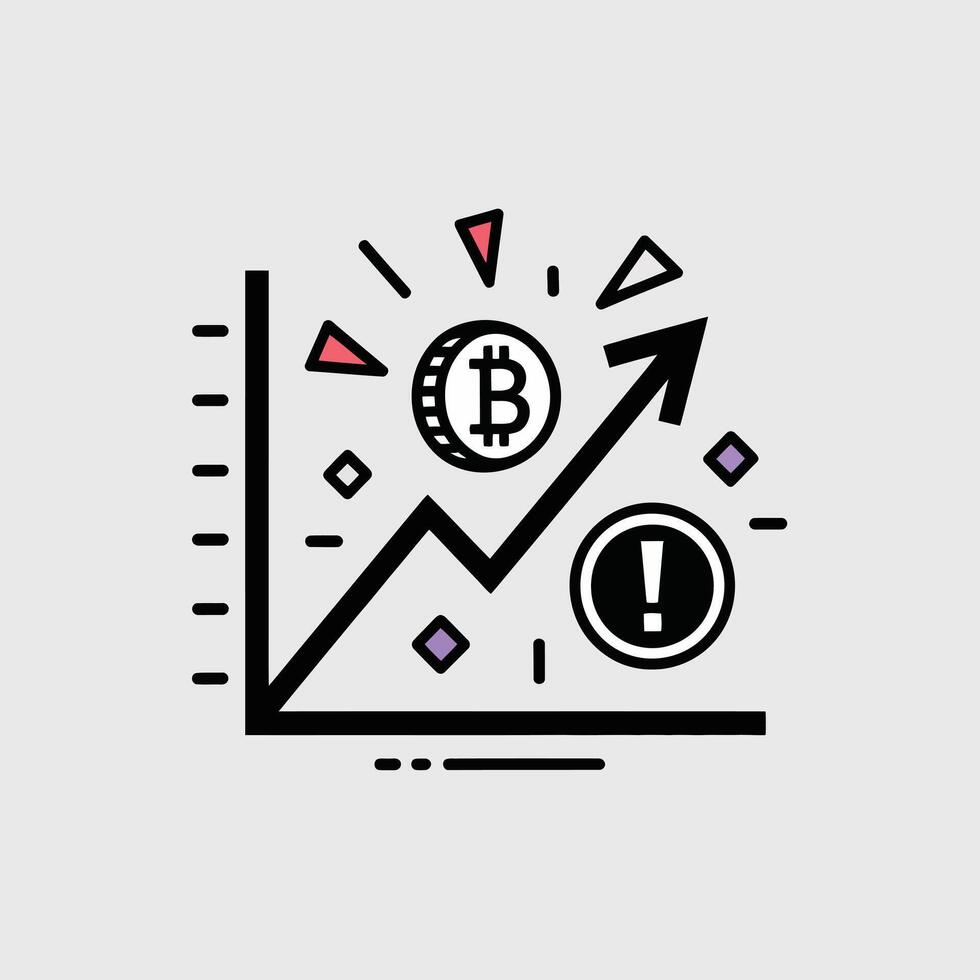 Bitcoin price increase graph illustration featuring a rising line chart black bold outline style with a Bitcoin coin symbol a warning exclamation mark symbol and small geometric shapes in vector