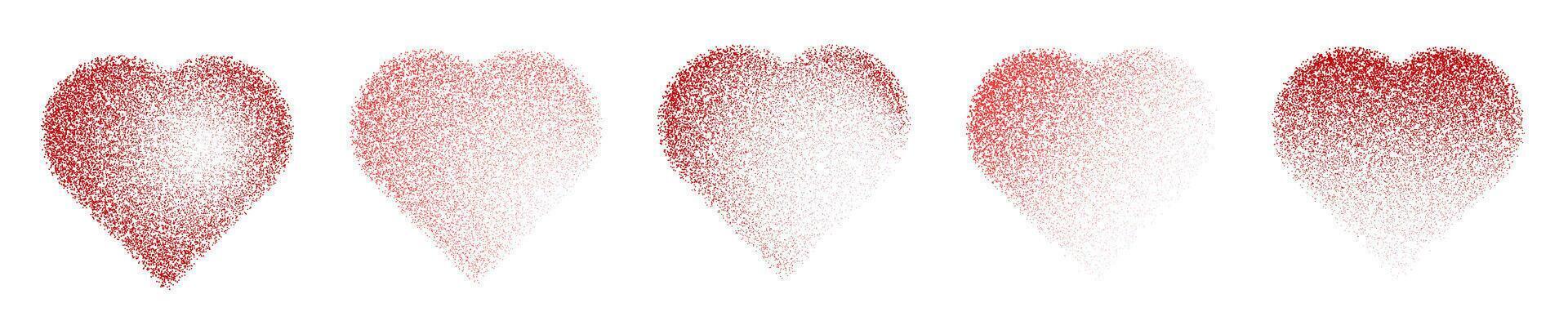 Noise spray red heart set. 3D hearts gradient with dots. Collection of love symbols with grainy effect. Dot dissolve texture. Stipple pattern vector
