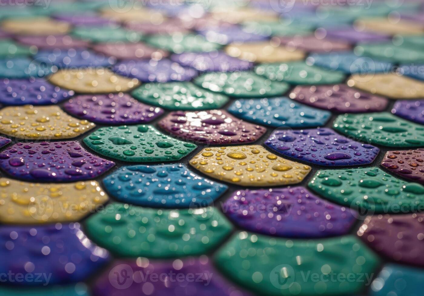 Abstract vibrant wet texture of colorful scale tiles covered in glistening water drops photo
