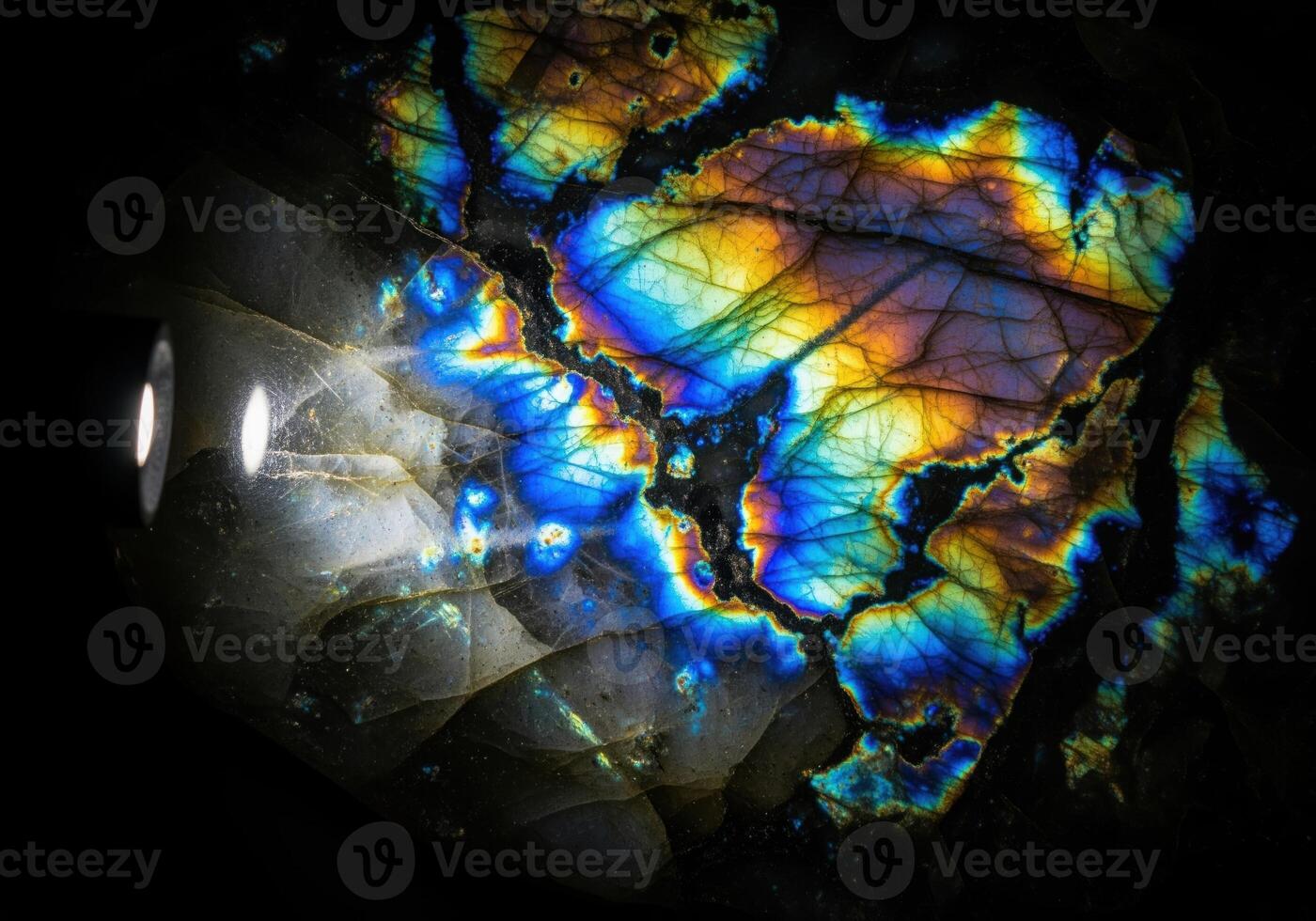 Enchanting macro photograph of labradorite stone slab capturing colorful labradorescence. photo