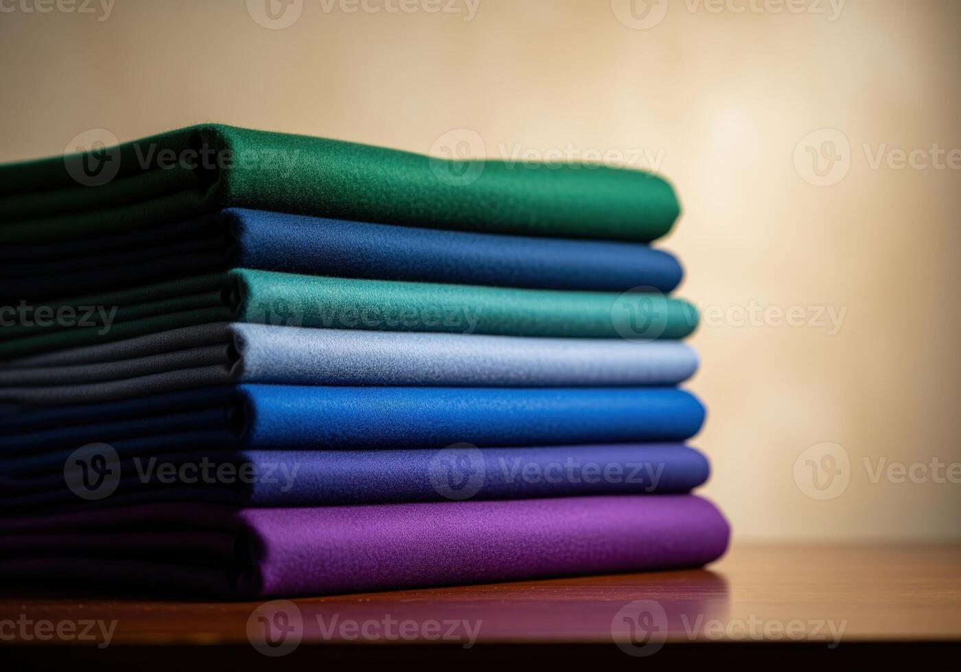Colorful stack of luxury cashmere fabric folded neatly in a vibrant color gradient photo