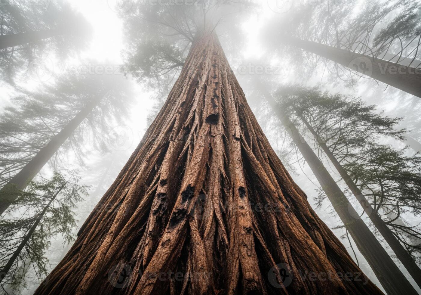 Low angle view of a massive redwood tree trunk towering into the dense fog and mist. photo