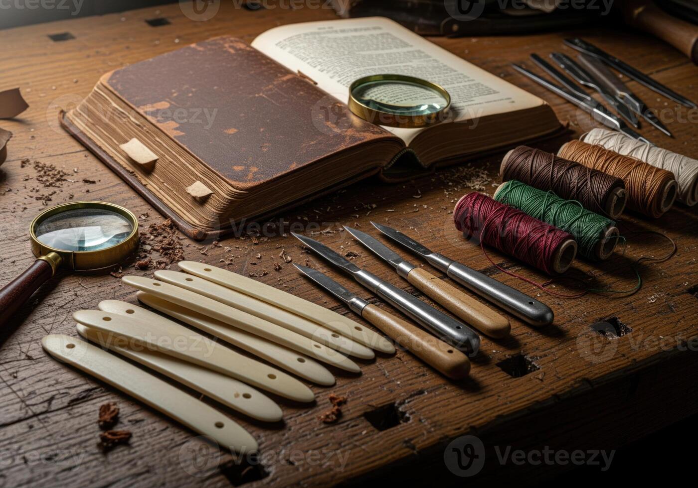 Vintage bookbinding tools, thread, bone folders, and open book on a rustic wooden workbench. photo