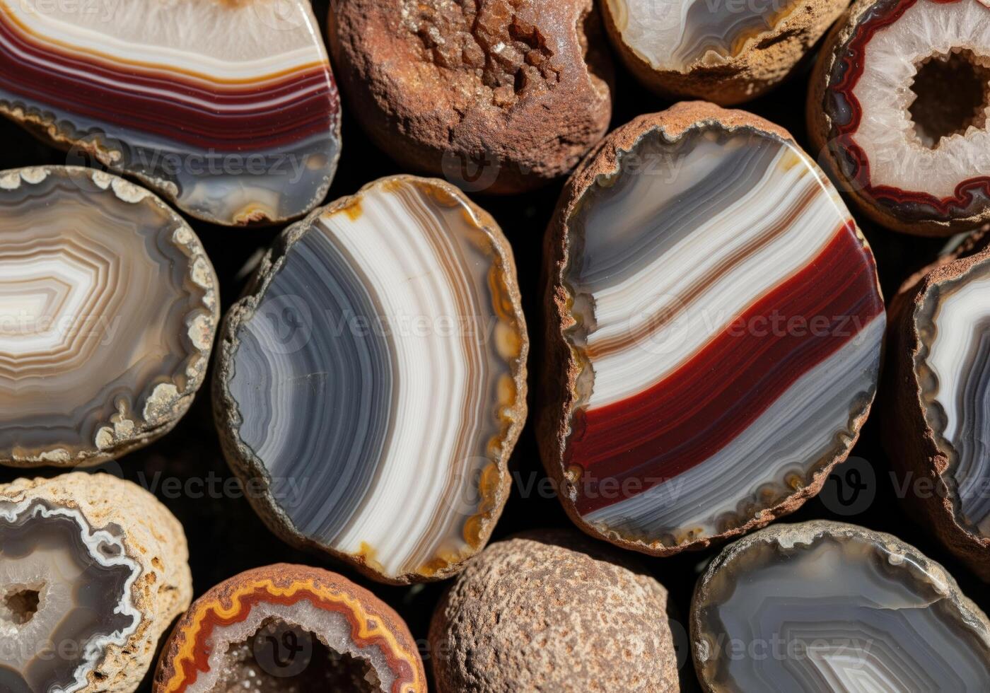 Close up view of natural agate slices and geodes displaying colorful banded patterns and raw textures photo