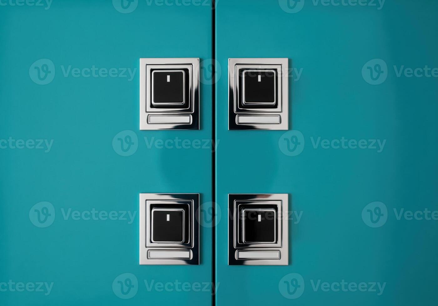 Four identical retro chrome push button switches mounted on a bright turquoise panel photo