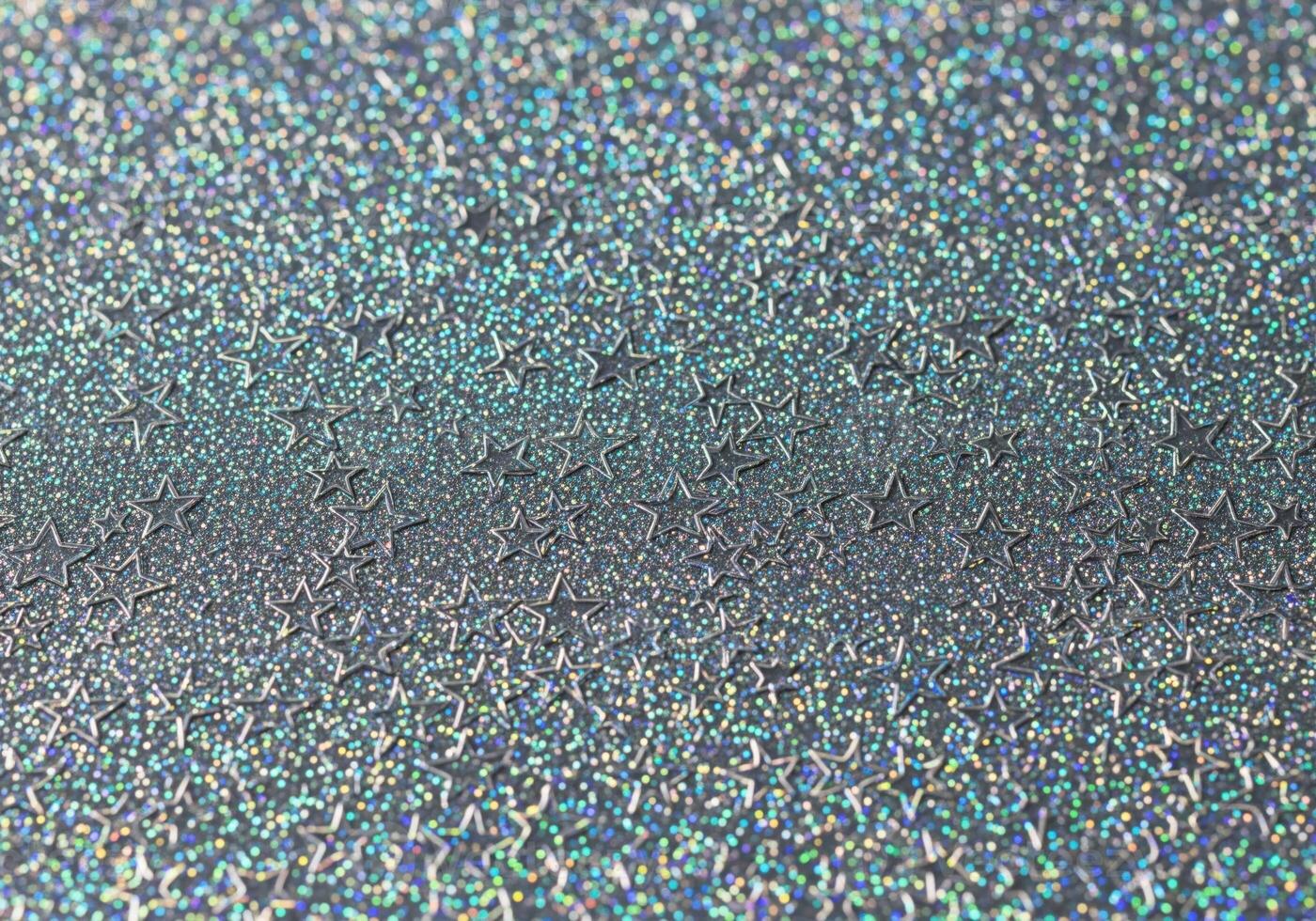 Holographic silver glitter background texture with continuous embossed star pattern. photo