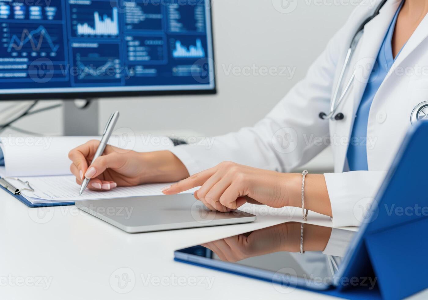 Doctor uses tablet and records data on clipboard in office setting photo