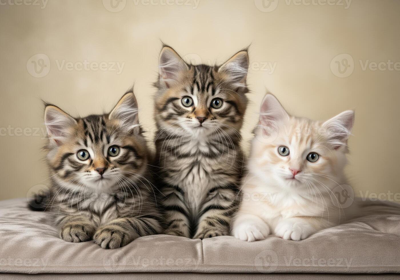 Three siberian kittens with fluffy fur posing on a soft cushion photo