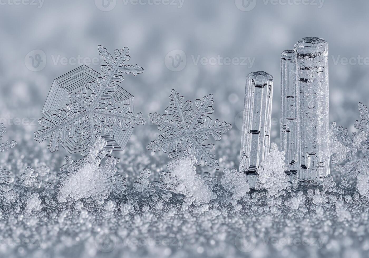 Detailed macro view of intricate ice crystals including hexagonal snowflakes and pillars photo