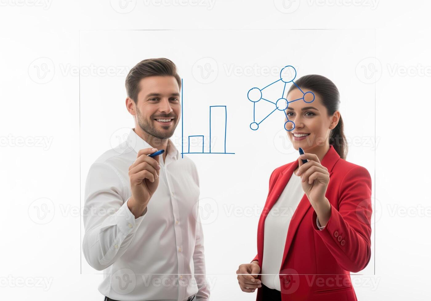 Smiling business colleagues drawing data analysis charts and network structure on glass screen. photo